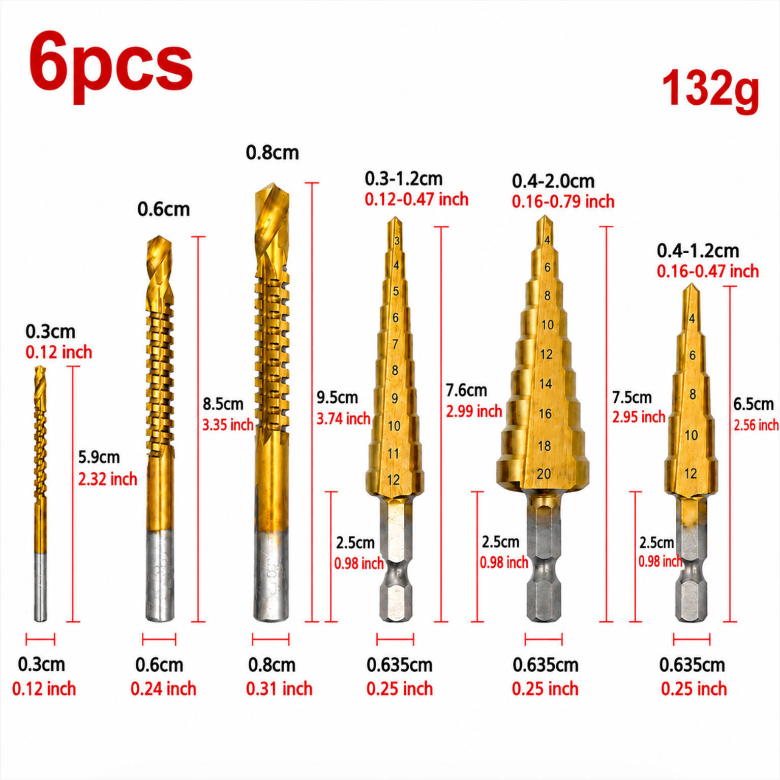 TEMU 6pcs Hss Step Drill Bit Set | 4/4-12/3-12/3/6/8mm Multi-functional , Universal For Metal And Woodworking, Drilling