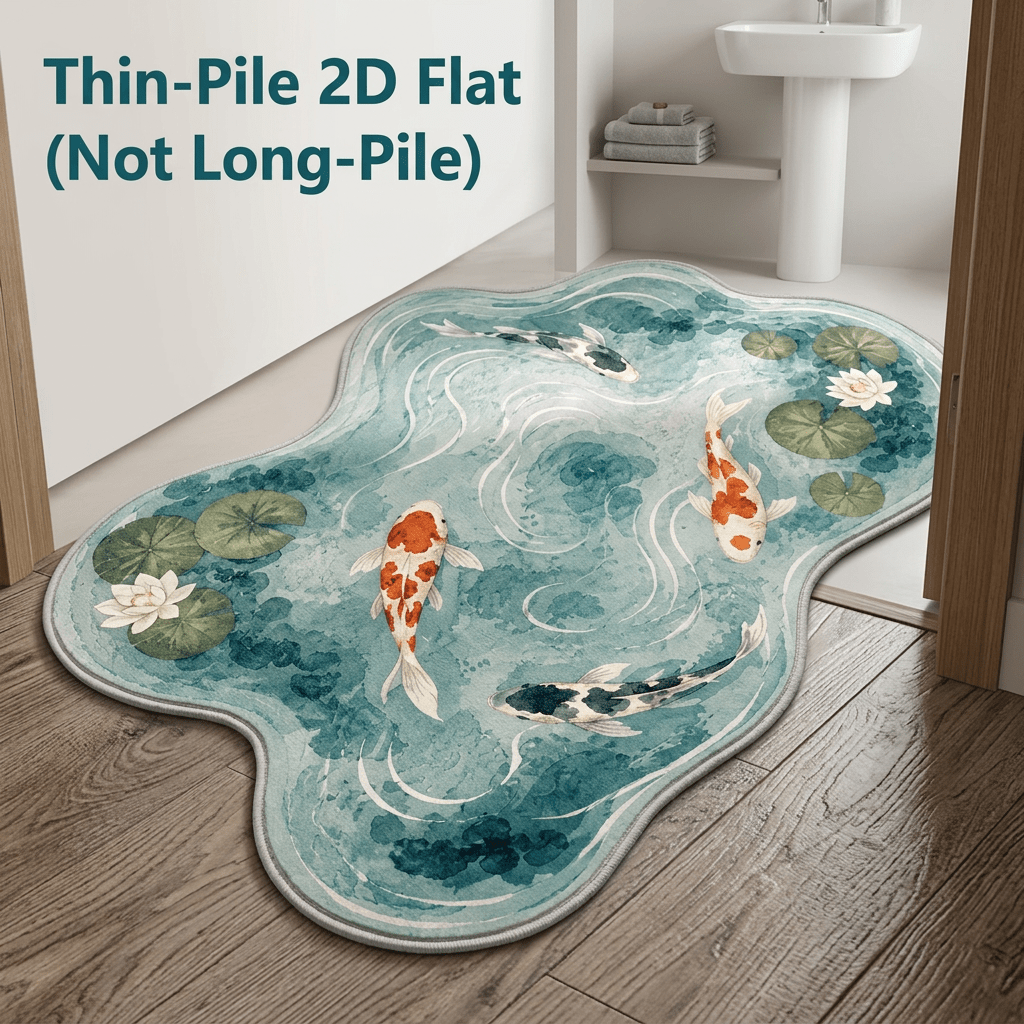 TEMU 2d Flat, 2d Flat, 1pc Velvet 850g/m² 9mm Bathroom Anti-slip Mat, Short Pile 2d Printed Non-long Pile Fluffy Aesthetic Water Lily Carp Pattern 2d