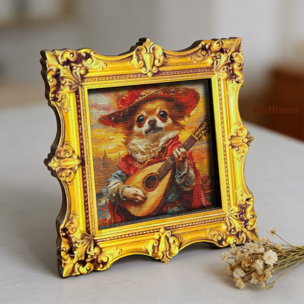 TEMU 1 pièce Aimant Chihuahua en bois DUFLINUD pour réfrigérateur, mini aimants de en bois avec chien Chihuahua jouant du luth, décoration carrée