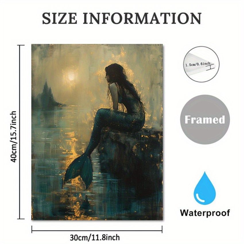 TEMU 2d Flat, Vintage Mermaid Canvas Wall Art With Wooden Frame - 11.8x15.7 Inch Teal & Golden Impressionistic Painting, Mermaid Silhouette & Scene,