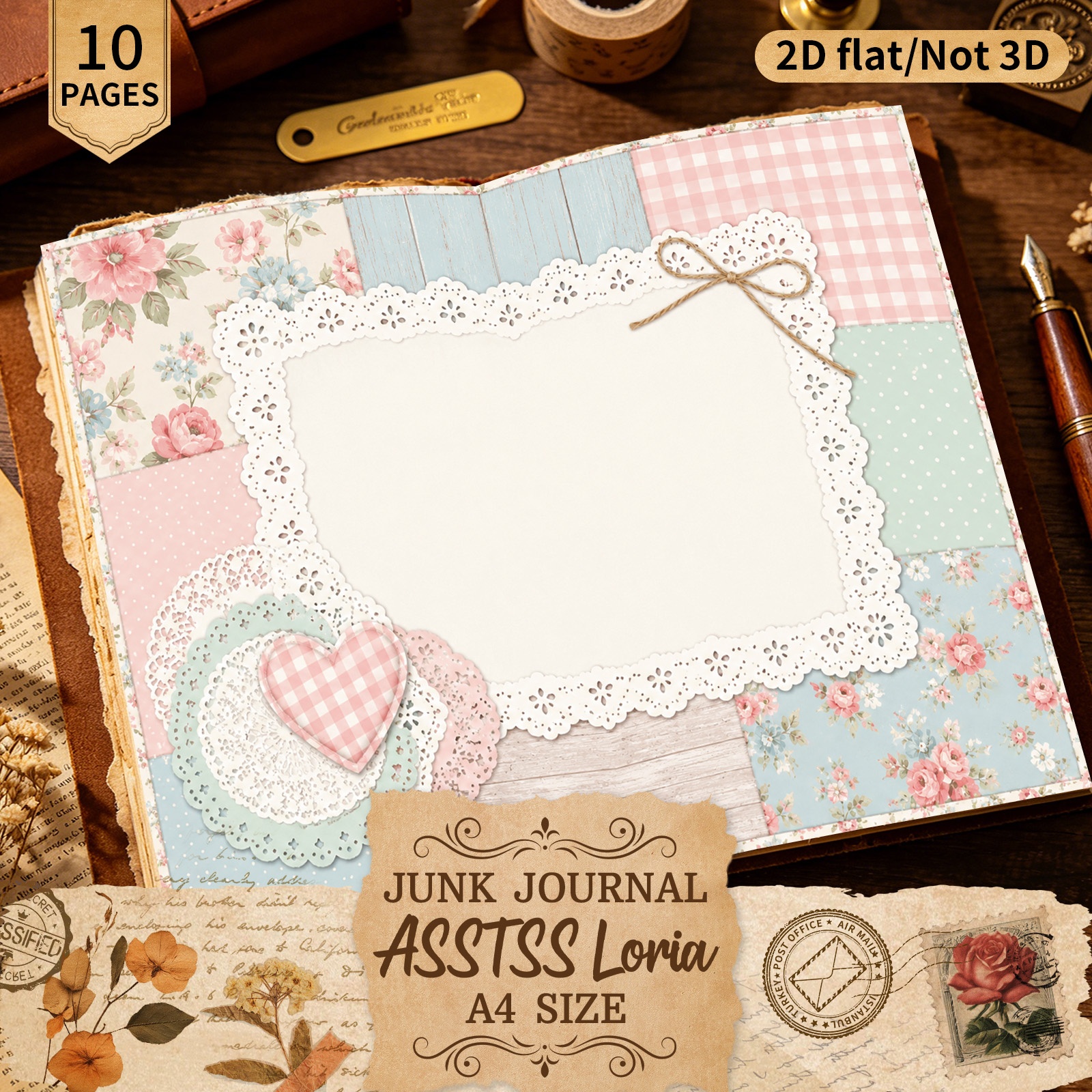 TEMU Asstssloria 10 Sheets A4 2d Flat Lace Decoration Decorative Paper, Handcrafted Junk Journal And Decorative Craft Paper, Craft Supplies