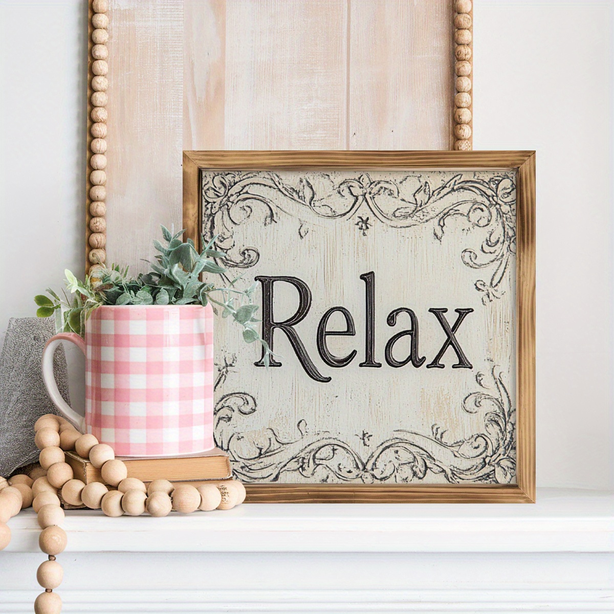 TEMU Targa 2D piatta, singola, con cornice in legno "Relax" , decorazione murale in stile country francese adatta per bagno, camera da letto o spa,