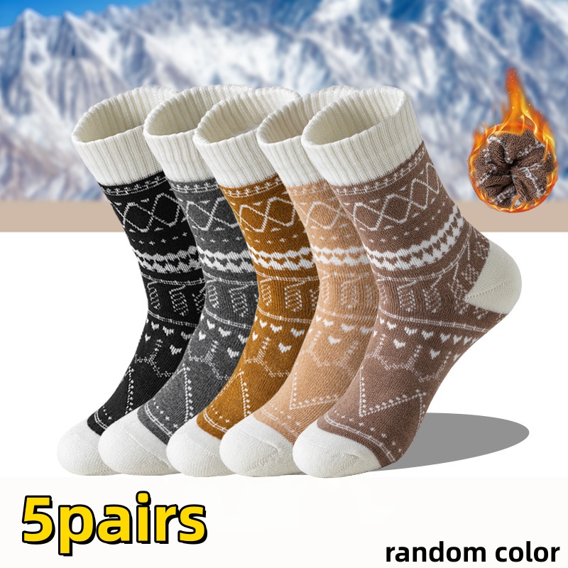 TEMU Pair Of 5 Women's Winter Thick Cold-proof And Warm Socks, Ethnic Style Diamond Pattern Mid-calf Cold-proof Soft And Warm Snow Socks, Comfortable