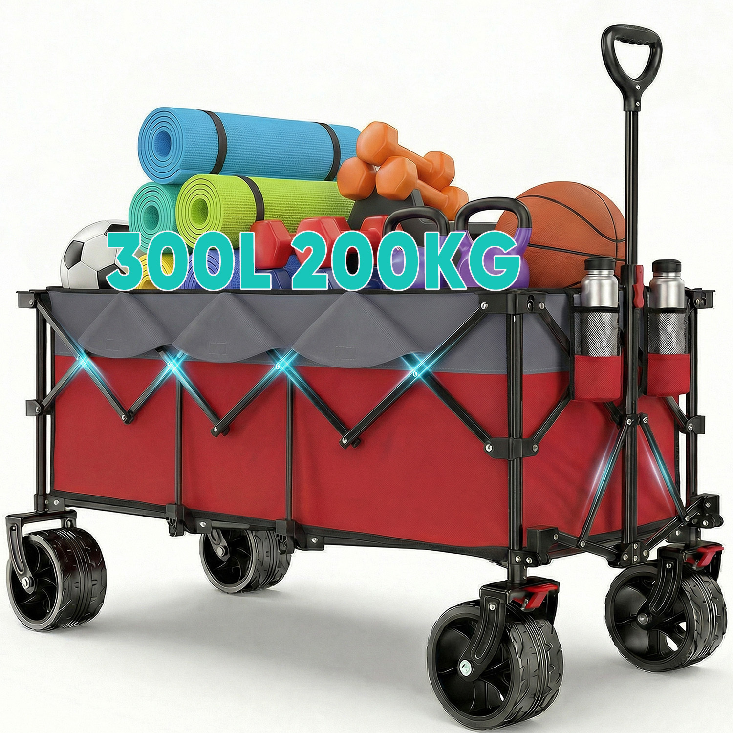 Xxxl Folding Utility Cart, 300l Capacity, 200kg Load Capacity, Extended Folding Handcart With Extra-wide 15x8 Cm Wheels, Patented Instant-setup Transport Ca15, Suitable For Camping, Sport