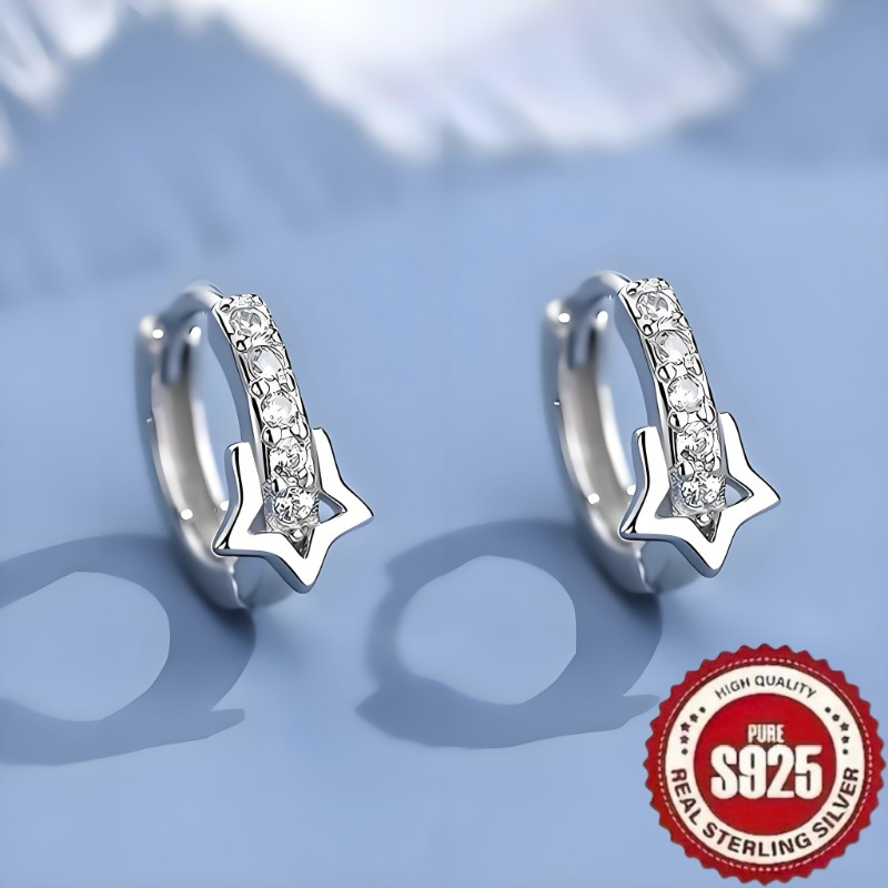 

1 Pair S925 Sterling Silver Starry Hollow Five-pointed Star Earrings, Glitter Style, Synthetic Zirconia , Elegant & Trendy, & Gift-, Valentine's Day Accessory, Jewelry