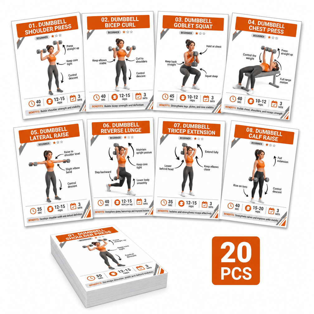 TEMU 20 Cartes d'apprentissage de fitness avec haltères, adaptées aux entraînements à domicile - Guide d'entraînement complet du corps pour les bras,