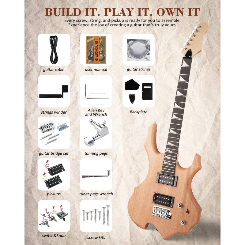 Guitar Kit, Fire Style Mahogany Body Maple Neck Guitar with HH Pickups | Easy to Assemble Kit with All Parts Included - Build Your Own Guitar SFR - D30, Silvery Grey Color