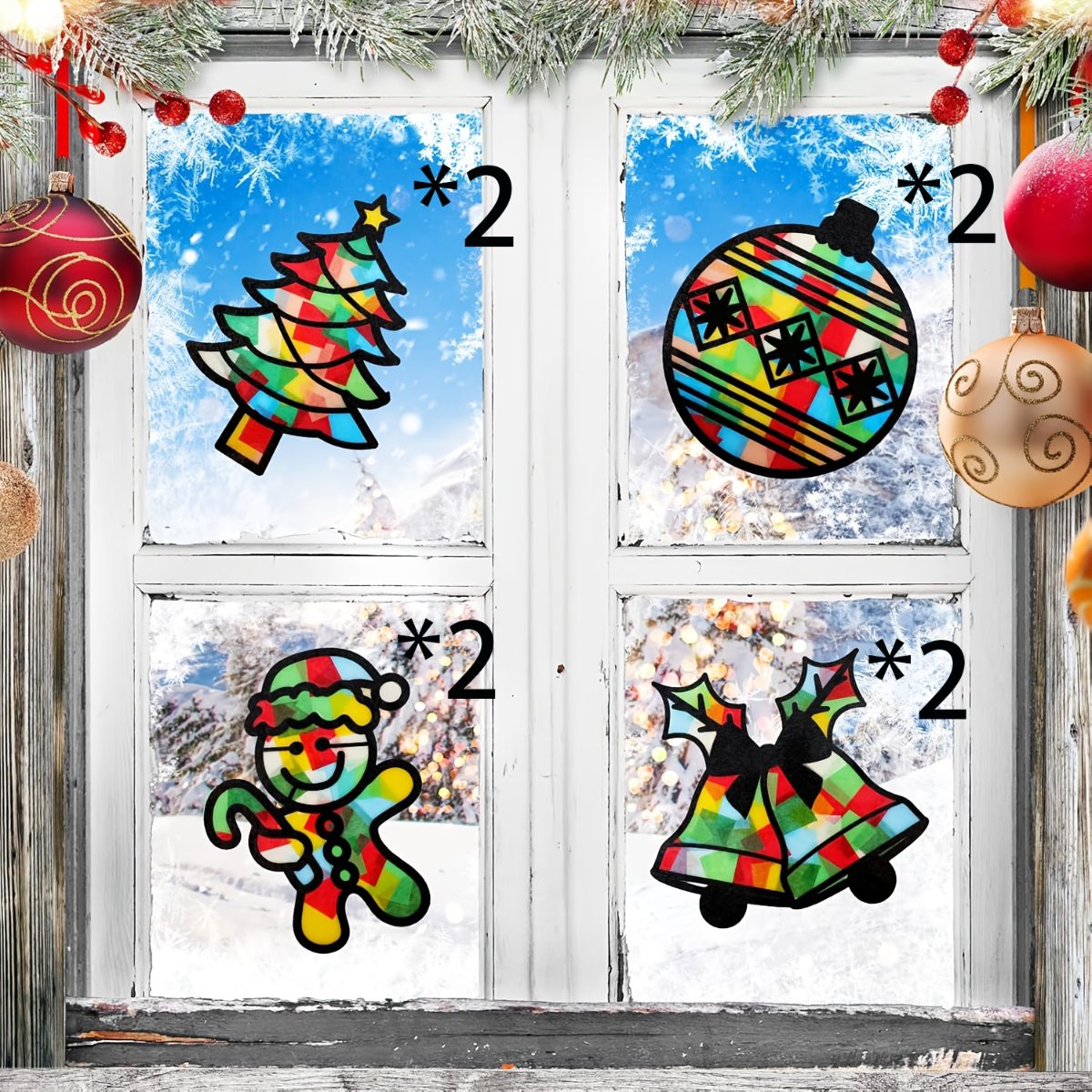 TEMU 4/8 Kits de bricolage attrape-soleil de Noël, décorations à suspendre pour fenêtres de style vitrail avec hommes d', de Noël et cloches, cadeaux