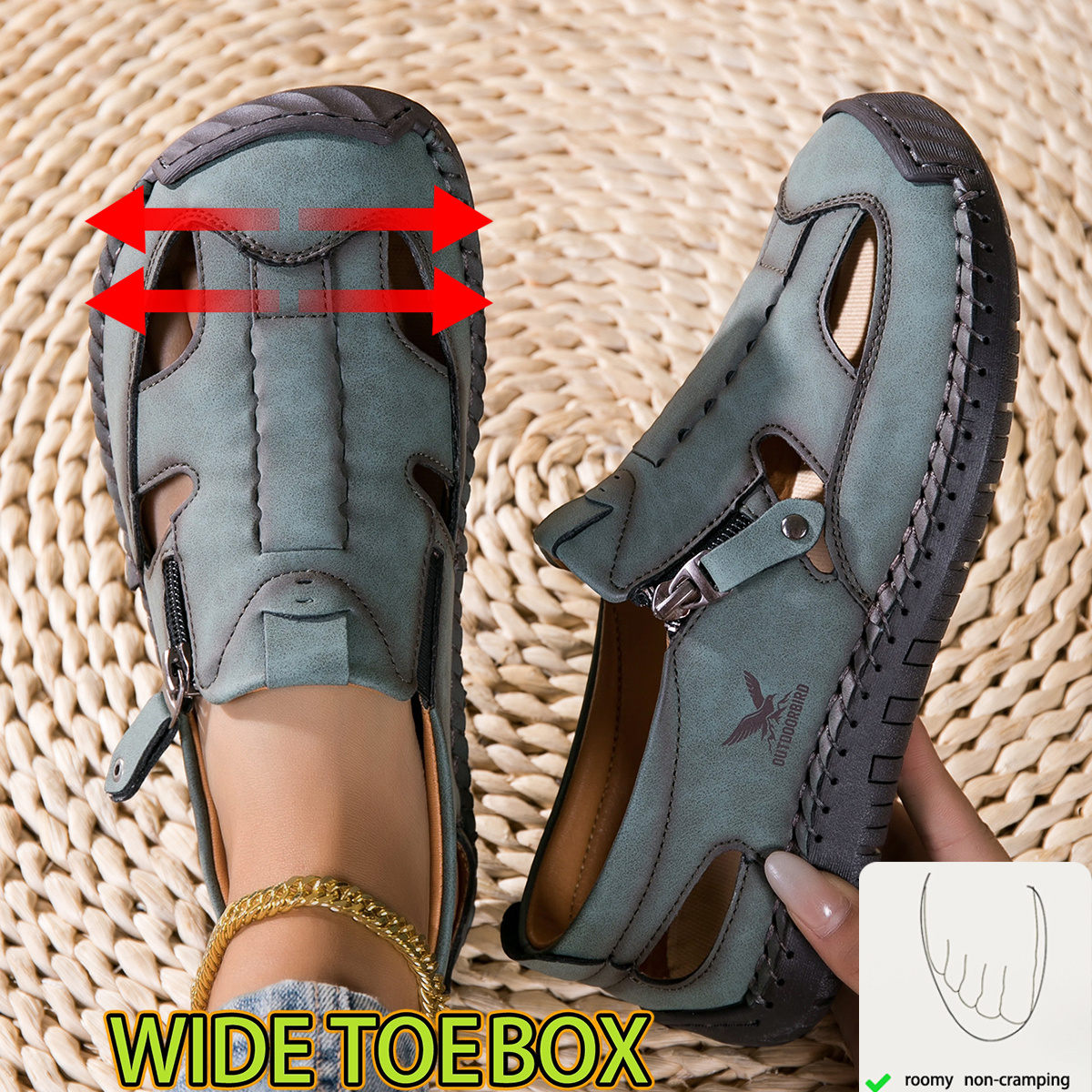 Image of Women's Fashion Cutout Breathable Sandals, Wide Toe Box Zipper Closure Hand-stitched Shoes With Non-slip Sole, Soft Upper Footwear For Summer Casual , Shopping Trips, Dates, Daily Wear