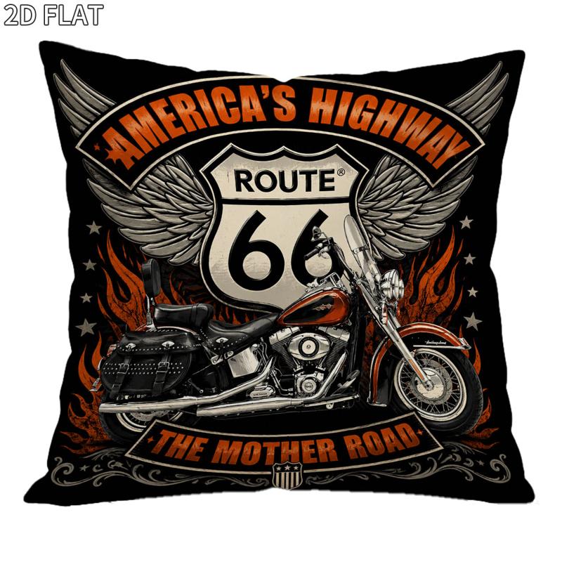 TEMU 1 Housse de coussin moto Route 66, 18X18 pouces, Design routière rétro, Housse de coussin décorative douce, pour canapé lit à domicile, Accent