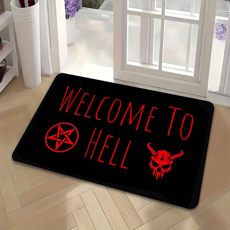 Image of 1pc With Red "welcome To " Wild Handwriting Themed Bull And Door Mat | Polyester, Thick Bonded Pile, 0.4 Inch Thickness, 580 G/m², Gothic Aesthetic Focus, Ideal For Porch, Entryway, Garage