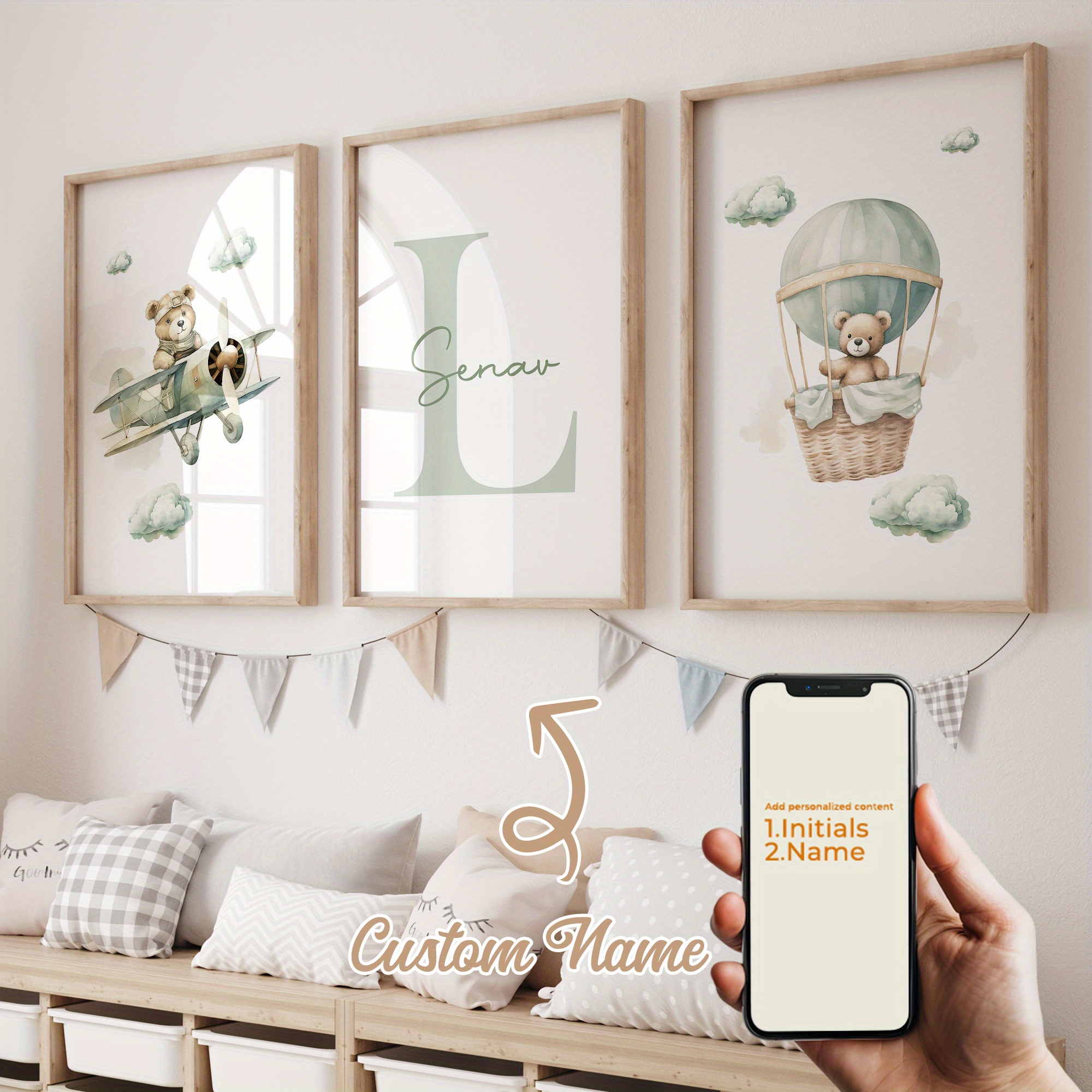 E-shop 2D Flach, 2D Flach, personalisiertes Set mit 3 personalisierten Namen Cartoon Grüne Niedliche Bären, ein Bär, der ein Flugzeug fliegt, ein Bär,