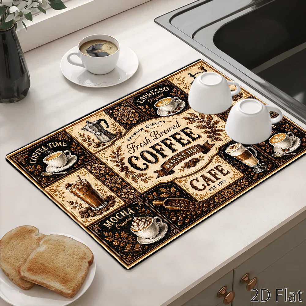 TEMU 1pc Tableware Drying Mat Retro Coffee Theme Stove Protector, Easy To Clean And Stain-resistant, Durable And Heat-resistant, Universal Protector