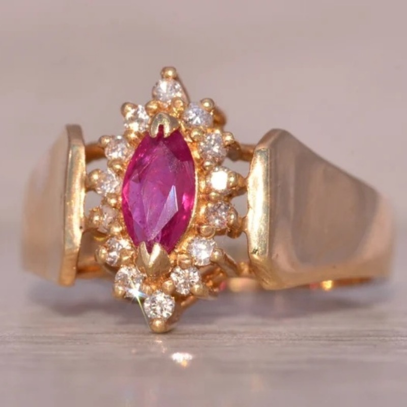 Retro Plated Wedding Ring with Red & White Cubic Zirconia