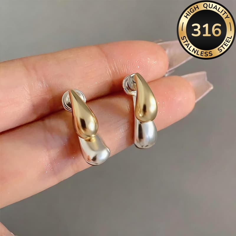 Women's Hypoallergenic Two-Tone Golden Silver Teardrop Stud Earrings