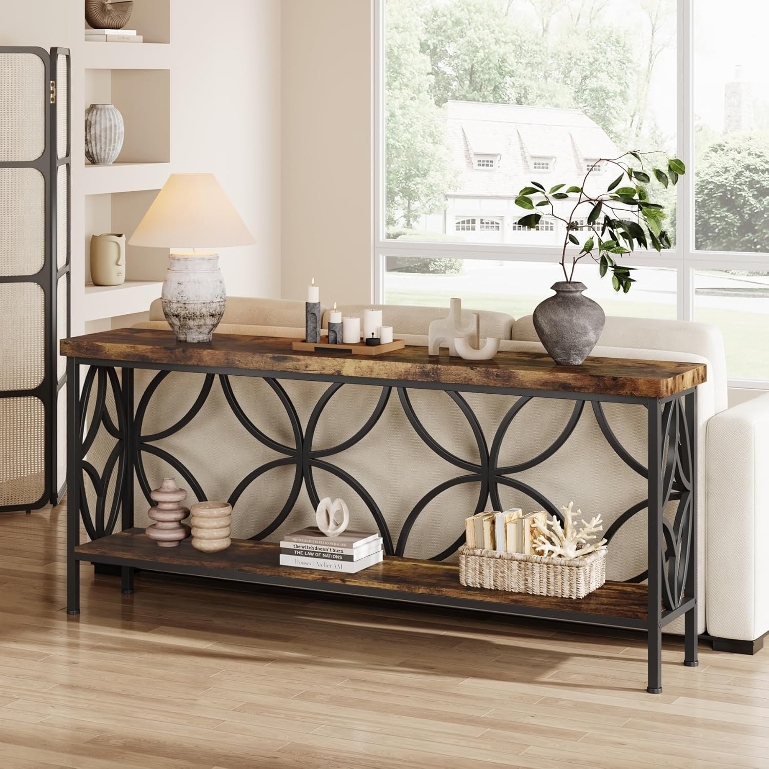 Narrow Coffee Table, 160 Cm Long Industrial Style Sofa Back Coffee Table, Console Table With Storage For Hallway, Living Room Or Entrance Hall, , Brown