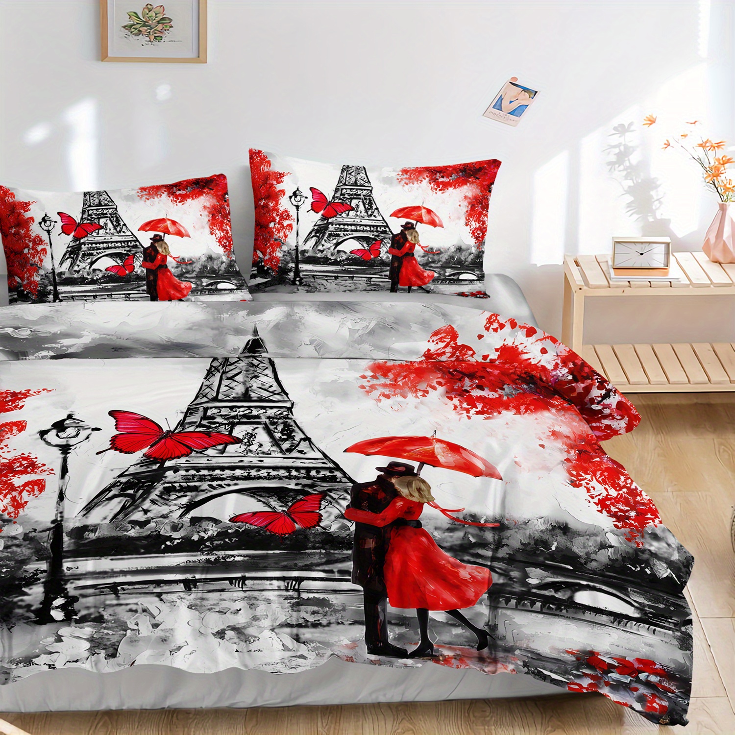 3pcs   tower romantic couple 3  printed duvet cover setparisian love bedding set for four seasonred black bedding for bedroom or   decorpolyester comforter cover gift 1 quilt cover 2 pillowcases Product details 4
