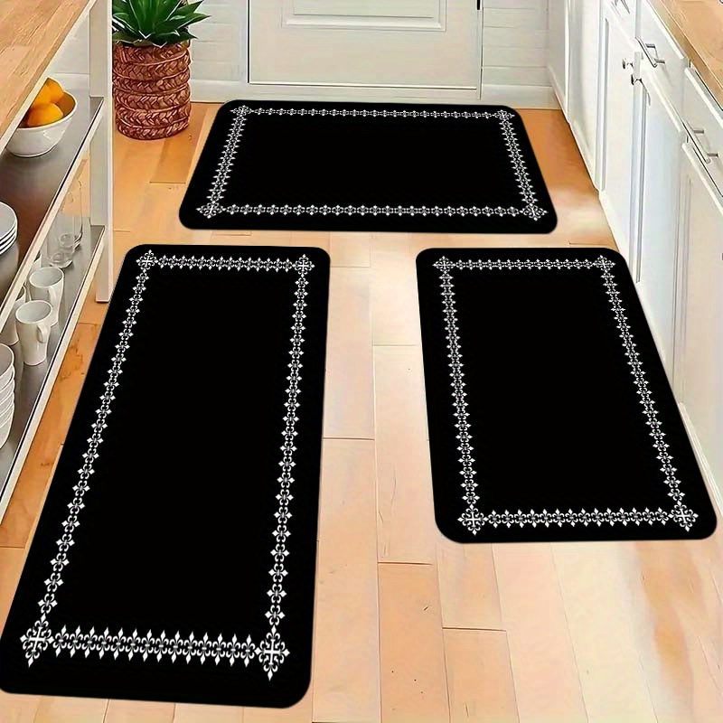 TEMU 1pc Thick 1.1cm Kitchen Floor Mat, Black Easy Pattern Printed Floor Mat Thickened Non-slip Wear-resistant Suitable For Room Porch Balcony And