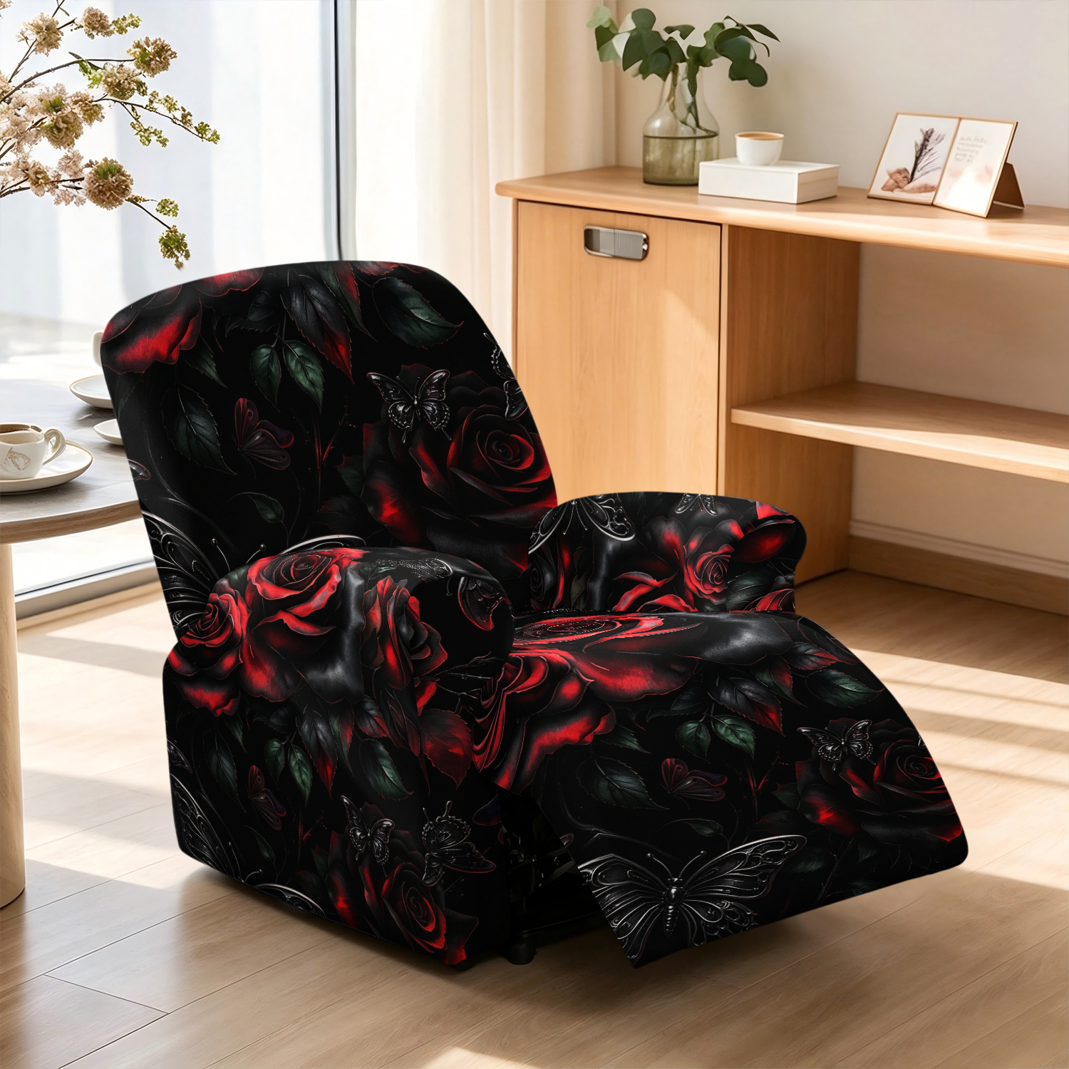 TEMU Black Background Bloom Pattern Stretch Recliner Sofa Cover, Protector For Stretch Recliner Covers, Home Decoration, For Dogs Cats