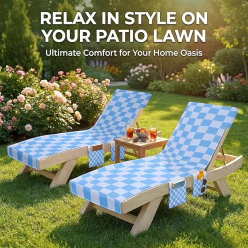 Lounge Chaise Chair Towel Covers Pack of 2, Beach Chair Cover with 3 Pockets for Pool Outdoor Beach Garden Patio Trips, 85 X30in (Blue Checkerboard)