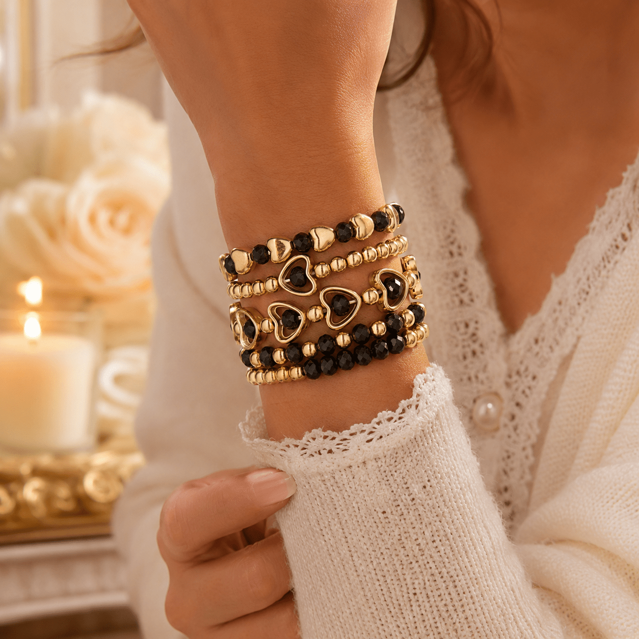 TEMU Conjunto de 5 pulseras de mujer con cuentas negras de varios niveles de , joyería de muñeca dorada hueca apilable de , adiciones elegantes para