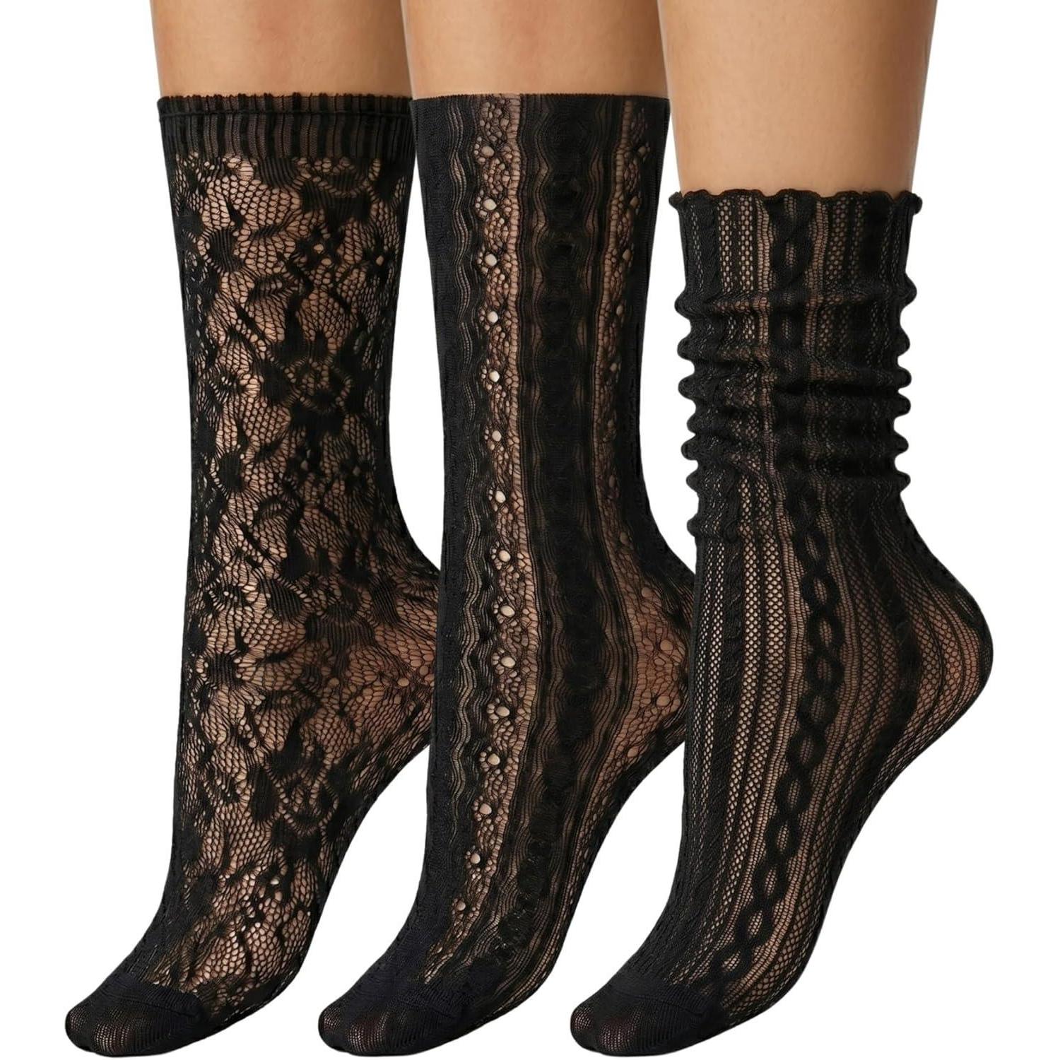 TEMU 3 Pairs Of Mid-tube Socks With Hollow Mesh, Breathable Stacked Socks For Women, And Thin Lace Heart Socks For Summer.