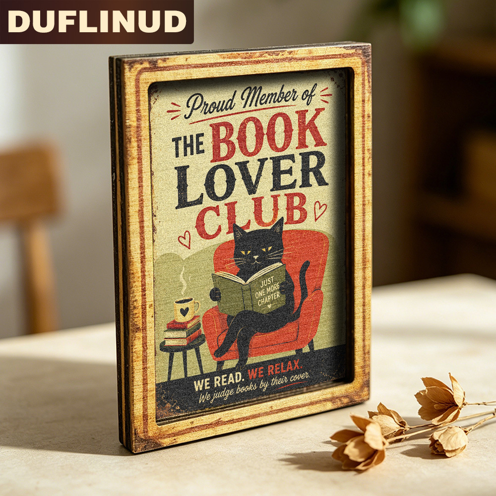 TEMU Book Club Fridge Magnet, Mini Decorative Plate Retro Reading Black Cat Pattern, Wooden Fridge Sticker, Refrigerator Door Decoration, Literary