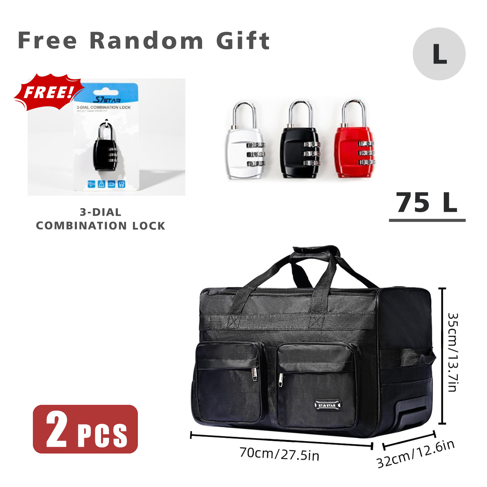 Image of []wheeled Duffle Bag With Free Random Security Lock | 2 Items Total: 1 Bag (choose 35l, 55l, 70l, 105l) + 1 Lock | Carry-on Option | For Hiking, Beach, Travel