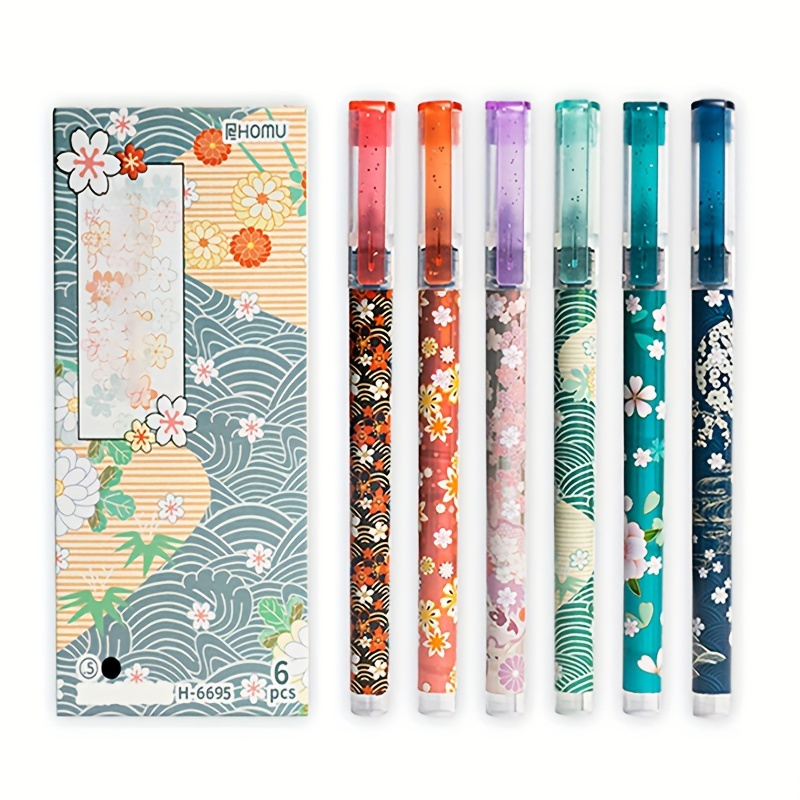 TEMU A Set Of 6 Floral Glue Roller Ball Pens, Fine Tip 0.5mm, Quick-drying Liquid Ink, Durable Plastic Material, Smooth Writing, Office And School