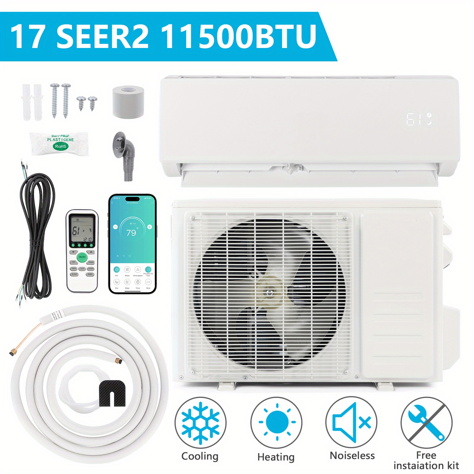 11500 BTU Wifi Enabled Mini Split Air Conditioner & Heater, 17 SEER2 115V Inverter Ductless Wall AC Unit, Heat Pump & Installation Kit, White