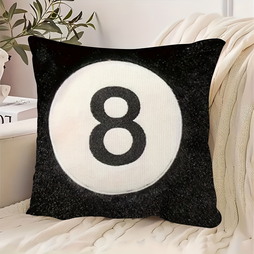 TEMU 1pc Housse de Coussin Décorative Design Billard Numéro 8 Noir, Tissu en Velours de Doux et Lisse, Motif Imprimé Unilatéral, 45cm x 45cm,