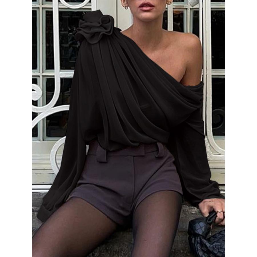 

1pc Women's Polyester Top 3d , One-shoulder , Ruched Long Sleeve For /summer/