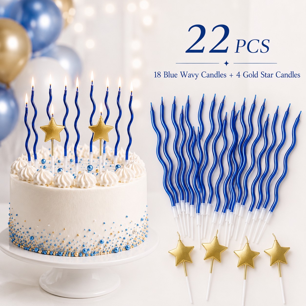 TEMU 22pcs Blue Wavy Birthday Candle Set, Long Metallic Blue Curved Candles And 4pcs Candles, Elegant Cake Decorations For Birthdays, Weddings,