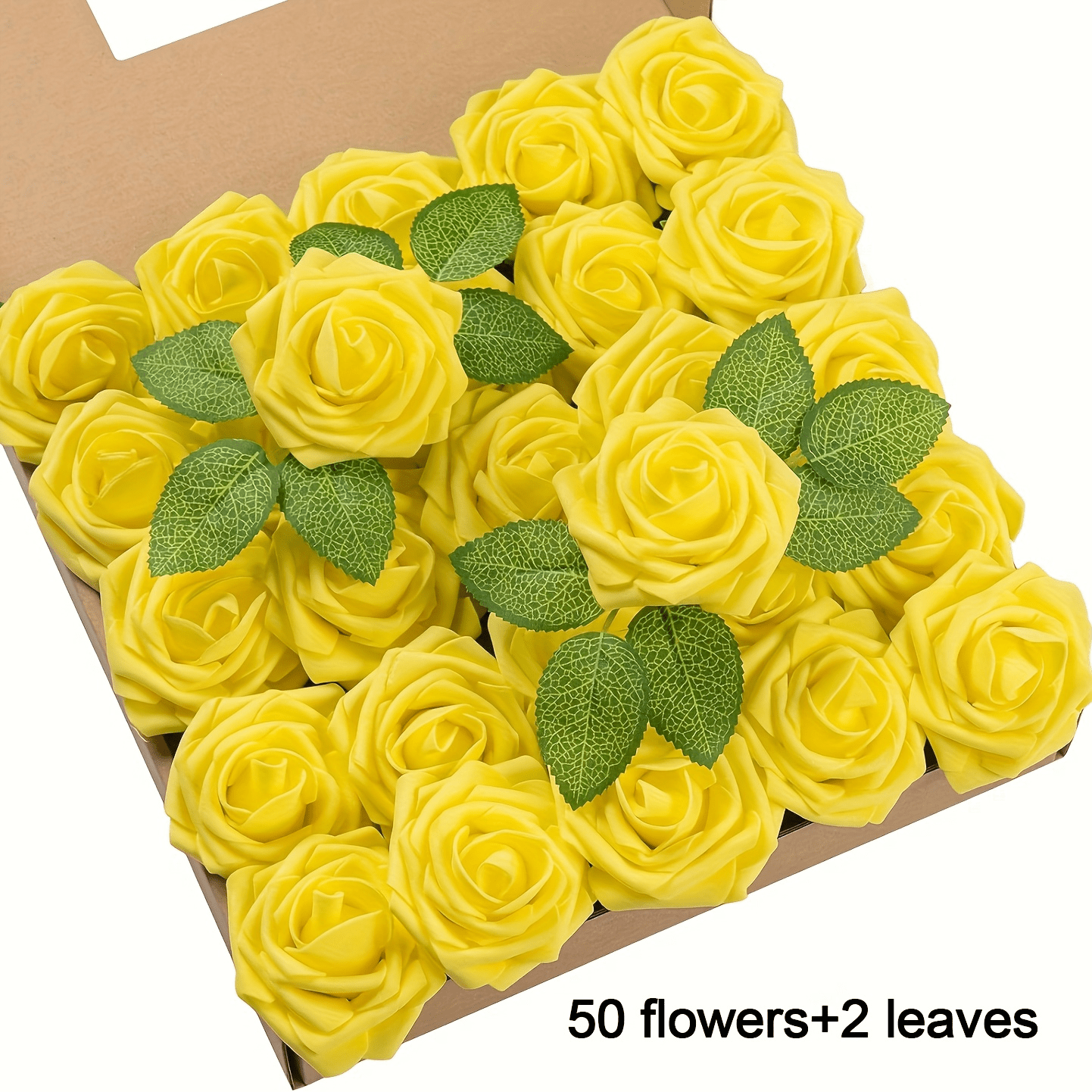 TEMU 52 Artificial Flowers 50 Flowers, 2 Leaves, Foam Rose Flower Fake Flower, Diy Wedding Bouquet White Bridal Gift, Table Decoration Home Ornament