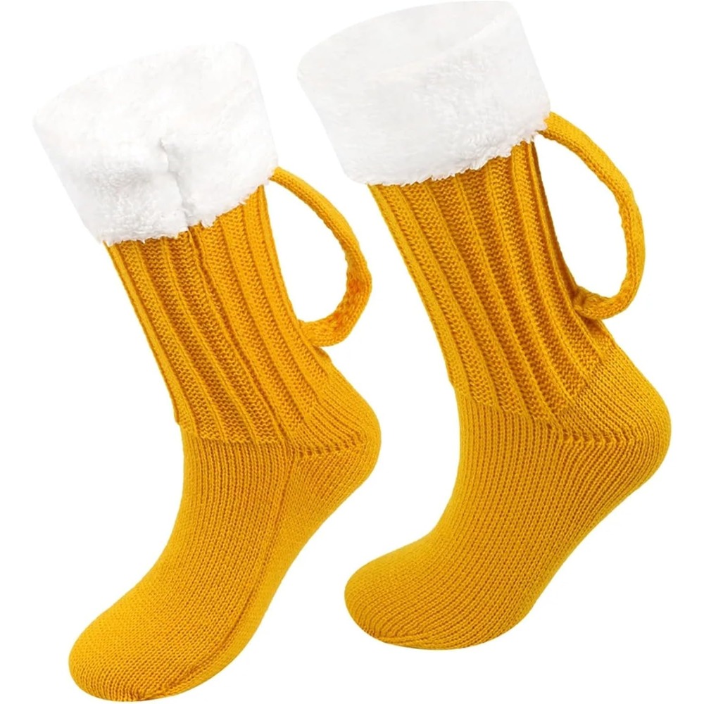 Image of 1 Pair Floor Socks Beer Mug Socks Men's Padded Warm Mid-calf Socks Women Winter Soft Funny Sleep Floor Socks
