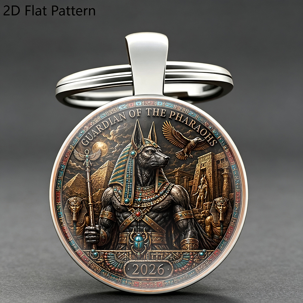 TEMU 1pc Porte-clés rond plat 2D Thème Pharaon Gardien Égyptien Antique, avec Pyramide, et Rétro de , Design Marque 2026, Pendentif de Clé en Métal,