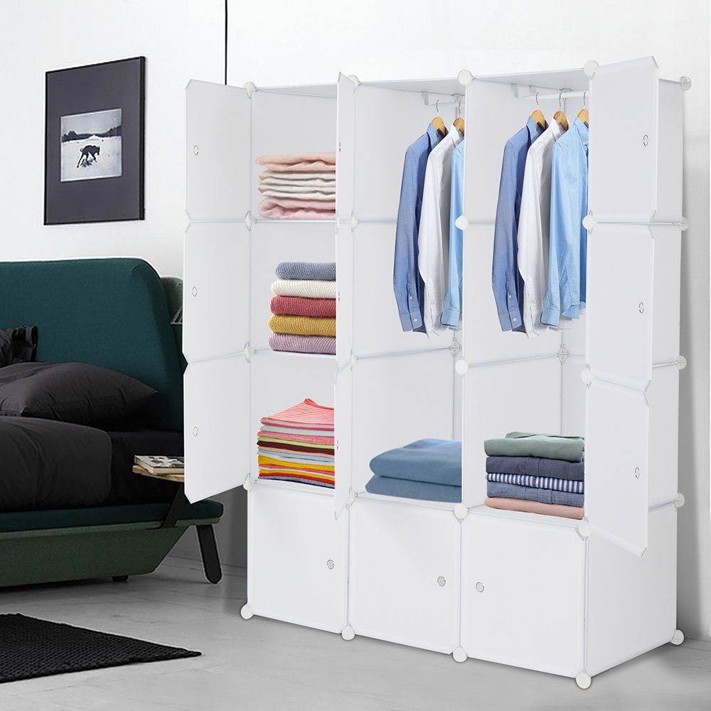 12 Cube Organizer Stackable Plastic Cube Storage Shelves Design Multifunctional Modular Closet Cabinet With Hanging Rod