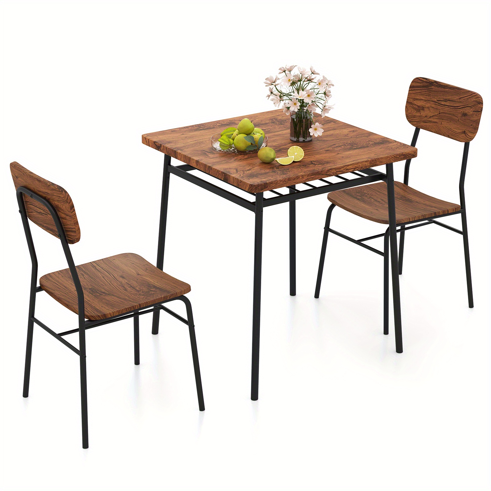 3pcs Dining Table Set, Square Kitchen Table & Chair Set W/ Storage Rack, Metal Frame, Space- Dinette Furniture Set For