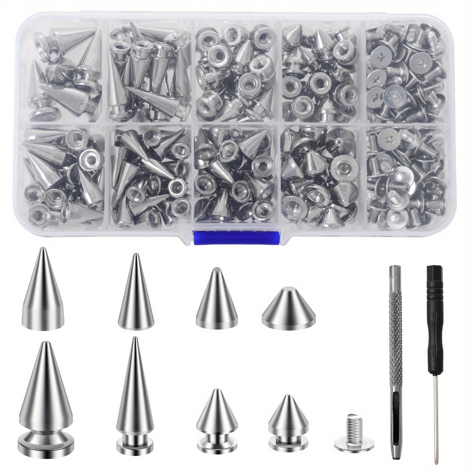 TEMU Ensemble de rivets punk 359 pièces, combinaison de rivets coniques argentés en alliage de , ensemble de rivets en métal et cuir de 8 tailles,