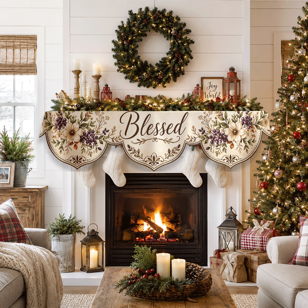TEMU 1pc Fireplace Mantel Scarf, Featuring Floral And 'blessed' Design, 2d Flat Printing, Suitable For Fireplace & Window Door Decor, Home Decoration