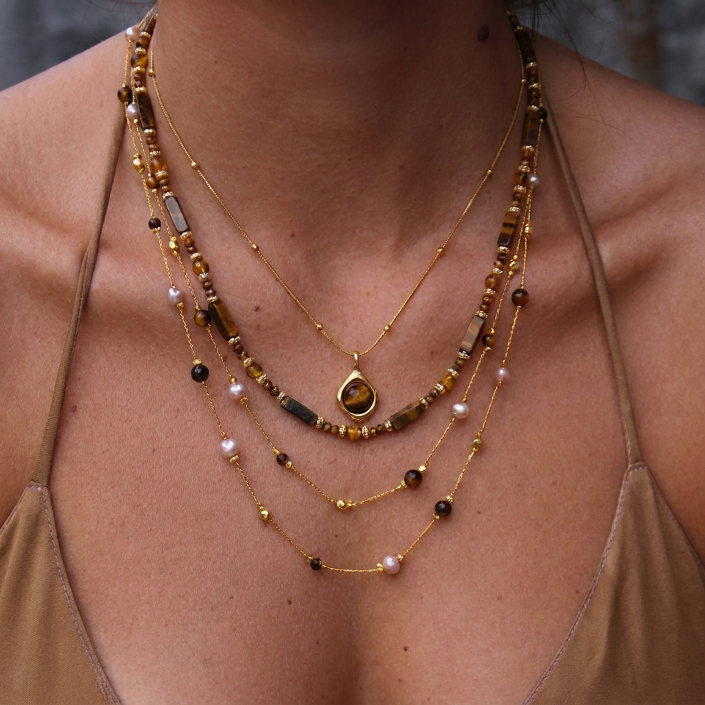 TEMU 3pcs Bohemian Layered Tiger Eye And Pearl Beaded Necklace, Women's Multi-strand Pendant Necklace, Vintage Bohemian Style Jewelry