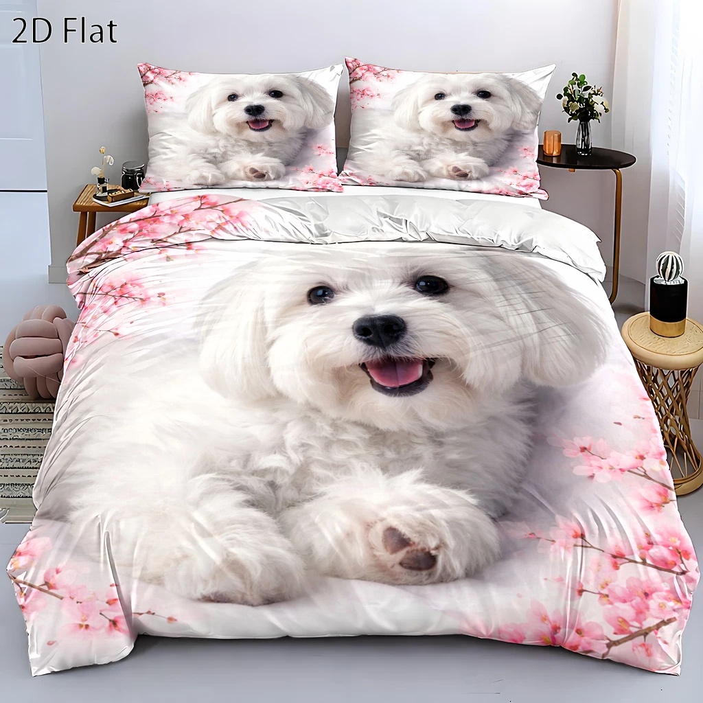 TEMU 3pcs Ins-style Cute Maltese Dog Cherry Print Duvet Cover Set, Bedding (1 Duvet Cover   2 Pillowcases), Suitable For , Machine Washable, Hidden