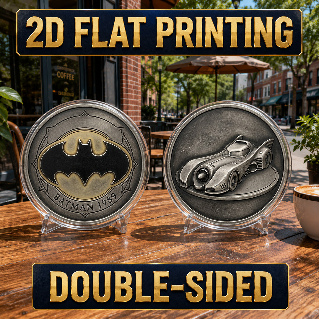 TEMU Replica Coin 1pc, 2d Flat Printing, Double-sided Metal Batman 1989 Classic Emblem Commemorative Coin, Silvery Challenge Coin, Protective Case,