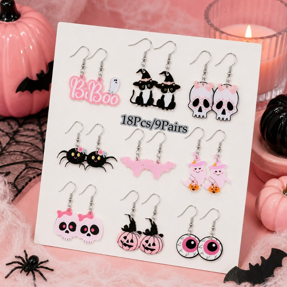 TEMU Ensemble de 18 pièces/9 paires de boucles d'oreilles pendantes acryliques roses d'Halloween, boucles d'oreilles pendantes d'horreur pour femme,