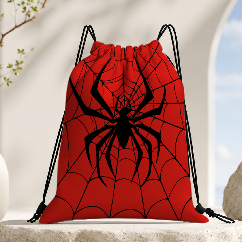 TEMU Black Spider, Red Background, Spiderweb, Silhouette, Cartoon Style, 2d Flat Printed Pattern, Drawstring Backpack, Oxford Cloth Material,