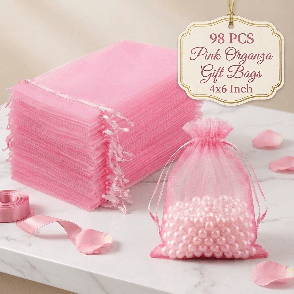 TEMU Gift For Her/him 98pcs Pack Pink Organza Sheer Mesh Drawstring Gift Bags 4x6 Inch Suitable For Wedding Favors, Jewelry, Candy, Sachets, Party