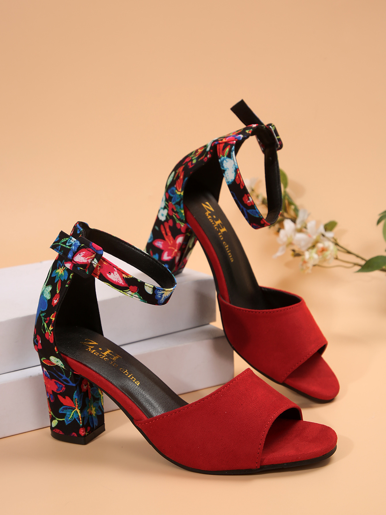 [Durable Build] Women's Floral Print Block Heel Sandals - Elegant Open Toe Ankle Strap Pumps with Faux Cover Lining, Summer Dress Shoes in Vibrant Pink & Blue Floral Patterns, Dressy Sandals | Fashionable Footwear | Durable Pu Sole, High Heel Sandals