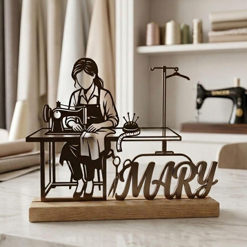 TEMU [decorative Signs??plaques] 1pc Personalized Sewing Metal Desktop Ornament Custom Name Metal Art With Wooden Base Unique Tailor Gift For Mother