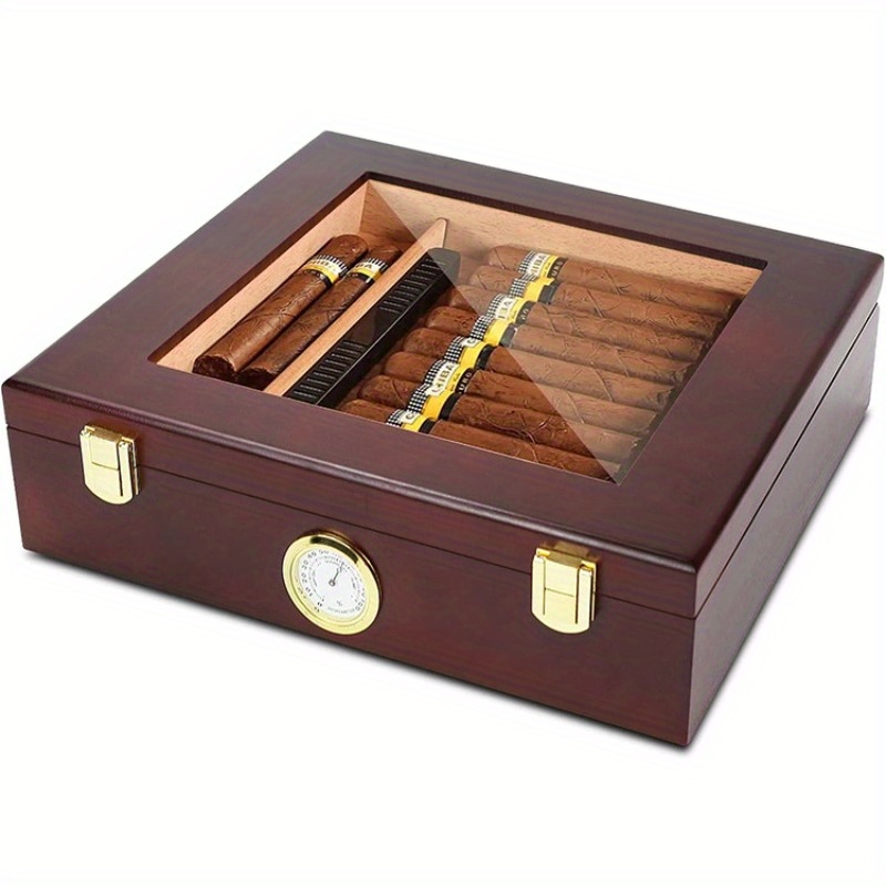 Cigar Humidors Storage 25-50 Cigars Box, Tempered Glass Top Display, Handcraft Spanish Cedar Wood Cigar Case with Divider, Humidifier and Hygrometer, Gift for Man, Sapele Cherry