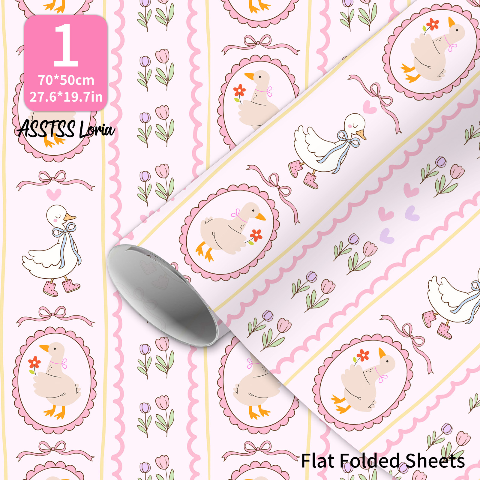 TEMU ASSTSSLORIA - 1 Feuille Rose avec Dessin Animé Canard Oie Fleurs, Emballage Cadeau 20x28", Grand Format Premium Papier d'Art 10GSM, Emballage